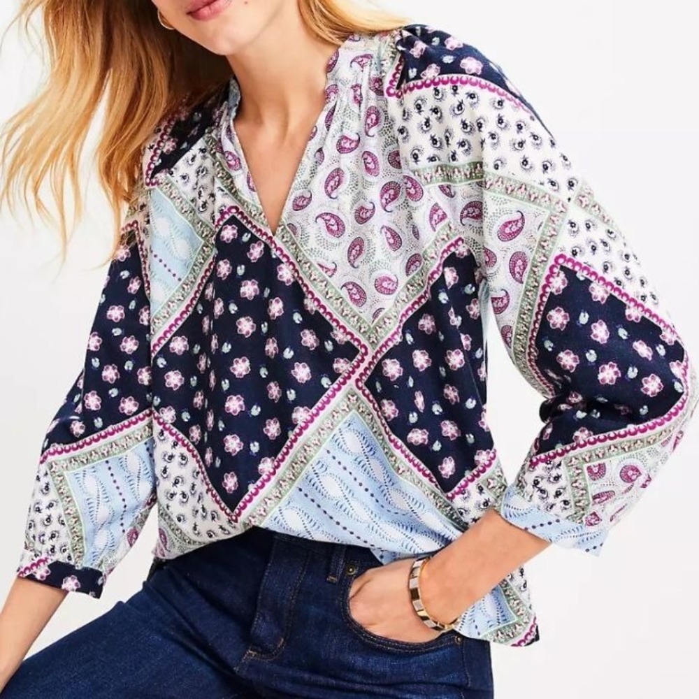 LOFT Patchwork Paisley Linen Blend Split Neck Blouse‎ Blue Purple Size XL NWT